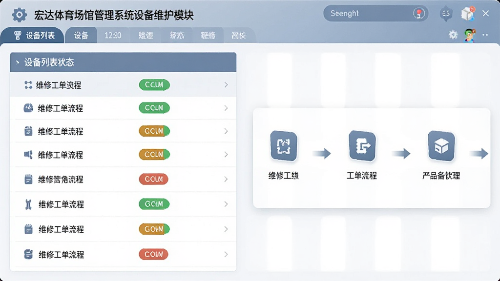 宏达体育场馆管理系统设备维护模块,设备列表状态标签,维修工单流程,图标化设计,蓝灰色系,简洁明了,高清展示
