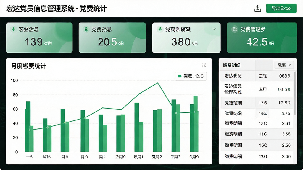 主体:宏达党员信息管理系统的党费管理界面,显示月度缴费统计柱状图;布局:上方为汇总数字卡片,下方为图表区域,右侧为缴费明细列表;排版:数据可视化,图表与表格结合;风格:现代简约,绿色点缀;细节:图表上方标注