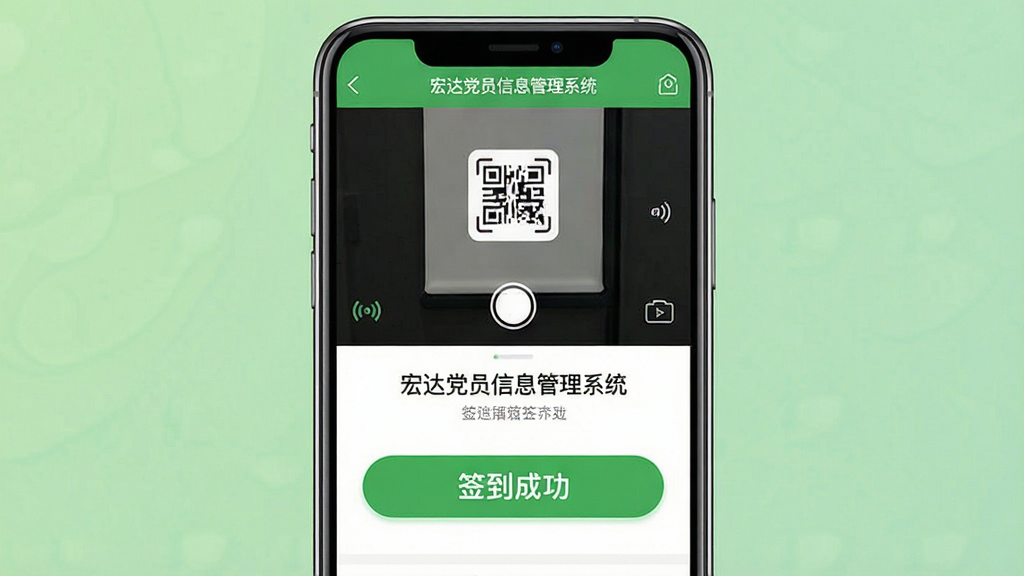 主体:宏达党员信息管理系统在手机上的移动端界面,显示扫码签到功能;布局:手机竖屏展示,上方为摄像头取景框,下方显示签到成功提示;排版:简洁的移动端H5页面,大按钮设计;风格:清新绿色调;细节:屏幕显示
