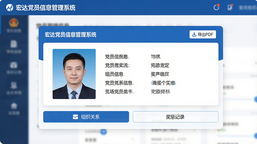 主体:宏达党员信息管理系统的党员档案详情页面,显示党员个人资料卡片;布局:中央大卡片展示党员照片和基本信息,下方选项卡切换组织关系、奖惩记录;排版:信息分层清晰,卡片式设计;风格:蓝白配色,商务大气;细节:卡片左上角标注