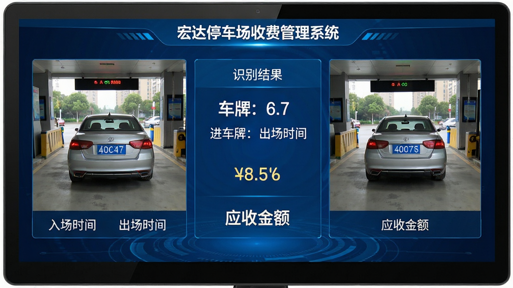 主体:宏达停车场收费管理系统车牌识别功能界面,画面显示车辆进出场抓拍对比;布局:左侧为车辆入场照片,右侧为出场照片,中间显示识别结果与收费金额;排版:信息分层清晰,时间、车牌、费用数据醒目;风格:写实与UI结合,科技蓝背景;细节:屏幕上方标注“宏达停车场收费管理系统”标识,车牌号清晰可见,下方显示“入场时间”“出场时间”“应收金额”;画质:高清晰度,画面干净,无多余元素。