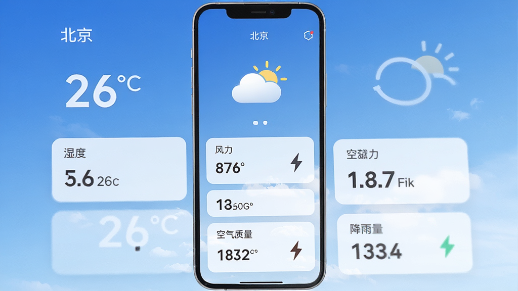 景遥天气站主界面,手机竖屏展示,顶部显示当前城市“北京”实时温度26℃,天气图标为多云,下方依次排列湿度、风力、空气质量、降雨量数据卡片,背景为渐变蓝色天空,界面简洁现代,数据清晰易读,画质干净,无多余元素