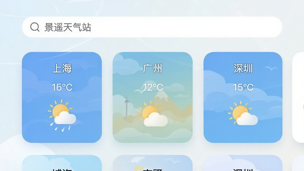 景遥天气站多城市管理界面,顶部搜索框,下方横向排列多个城市卡片,包括“上海”“广州”“深圳”,每个卡片显示城市名、温度、天气图标,背景为浅色渐变,卡片圆角设计,排版整齐,画质干净,无多余元素