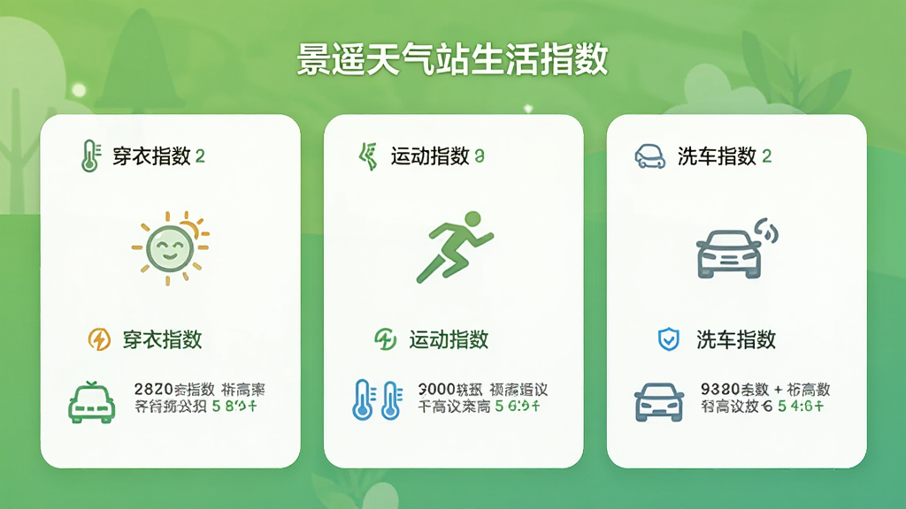 景遥天气站生活指数页面,展示“穿衣指数”“运动指数”“洗车指数”等卡片,每个卡片有对应图标和建议文字,背景为清新绿色渐变,界面简洁,排版清晰,画质干净,无多余元素