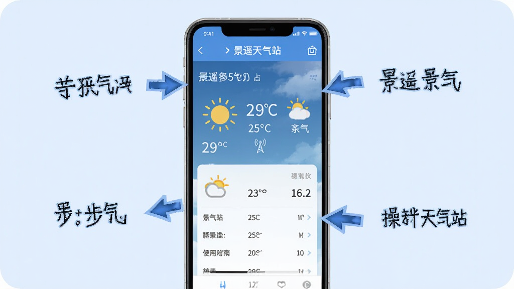 景遥天气站使用指南插图,手机屏幕显示天气详情页,周围有操作步骤标注箭头,背景为淡蓝色,画面整洁,画质干净,无多余元素
