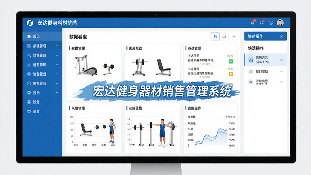宏达健身器材销售管理系统主界面展示,布局为左侧导航栏、中间数据看板、右侧快捷操作区,整体风格商务简约,以蓝色和白色为主色调,界面清晰干净,屏幕中显示“宏达健身器材销售管理系统”标题字样,画质高清,细节丰富,无多余元素