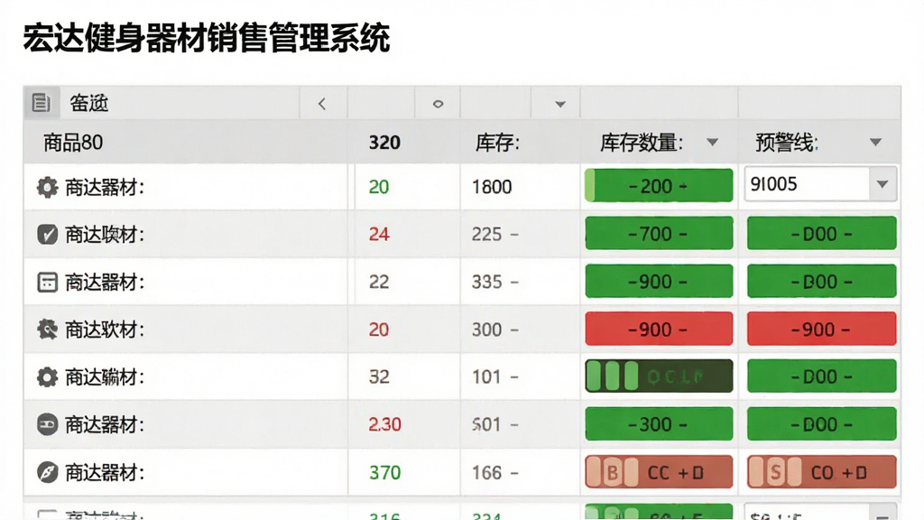 宏达健身器材销售管理系统库存管理界面,显示商品列表、库存数量、预警线设置,背景为浅灰色表格,绿色与红色标识库存状态,界面简洁清爽,文字清晰,画质干净,无多余元素