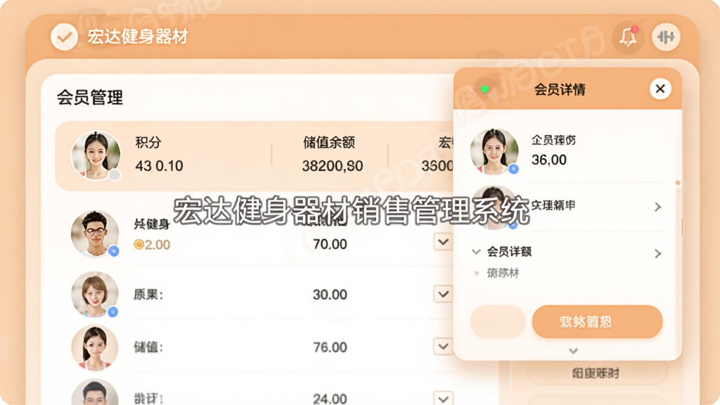 宏达健身器材销售管理系统会员管理页面,展示会员列表头像、积分、储值余额,右侧为会员详情弹窗,整体风格圆润柔和,配色温馨,界面带有“宏达健身器材销售管理系统”水印,画质细腻,无多余元素