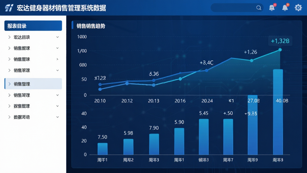 宏达健身器材销售管理系统数据报表界面,折线图与柱状图展示销售趋势,左侧为报表目录,整体风格商务大气,蓝色主调,图表动态展示,数字清晰,画质高清,无多余元素
