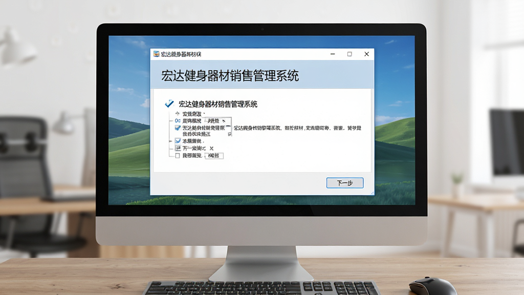宏达健身器材销售管理系统安装教程示意图,画面为电脑屏幕显示安装向导,鼠标点击“下一步”,背景为桌面环境,风格写实清晰,带有“宏达健身器材销售管理系统”安装窗口,画质干净,无多余元素