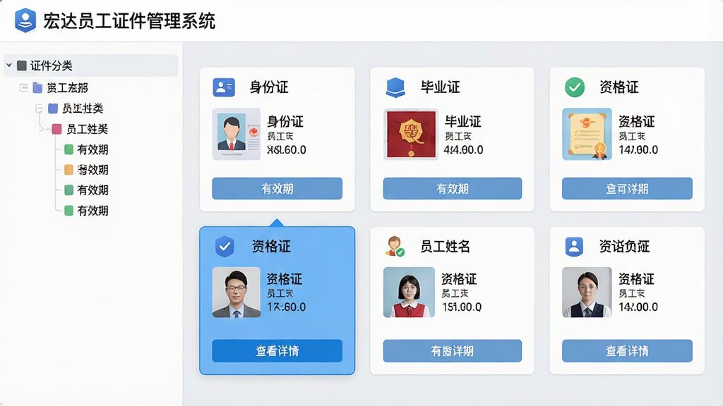 主体:宏达员工证件管理系统的证件管理界面,展示多种类型的员工证件卡片整齐排列。布局:界面左侧为证件分类树,右侧为卡片式证件列表,每张卡片显示证件缩略图和主要信息。排版:卡片采用网格布局,每行四张,卡片上显示证件类型图标、员工姓名和有效期。风格:扁平化设计,色彩清新,背景为浅灰色。细节:卡片上印有“身份证”、“毕业证”、“资格证”等字样,一张卡片高亮显示,下方有“查看详情”按钮。画质:高清,界面干净,无多余元素。