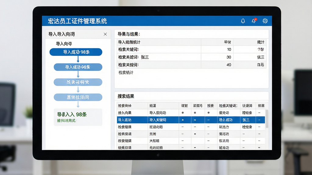 主体:宏达员工证件管理系统的批量导入与检索功能展示,电脑屏幕显示导入向导和搜索结果列表。布局:屏幕左侧为导入向导步骤条,右侧为导入结果统计,下方为检索结果表格。排版:向导式布局,步骤条清晰,结果表格列宽自适应。风格:简洁商务风格,蓝色主题色。细节:屏幕中显示“导入成功 98条”、“检索关键词:张三”等字样,表格中突出显示匹配行。画质:高清,界面整洁,无多余元素。