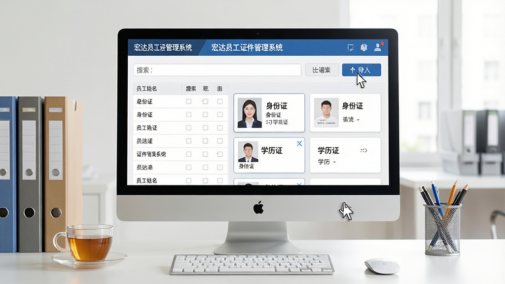 主体:宏达员工证件管理系统的软件主界面,展示在电脑显示器上,界面清晰显示员工证件列表、搜索框和功能按钮。布局:显示器居中,周围有办公桌、文件夹、茶杯等办公元素,整体画面平衡。排版:软件界面采用表格布局,左侧为员工姓名列表,右侧为证件详情卡片,顶部有搜索和导入导出按钮。风格:写实风格,光线明亮,办公环境整洁。细节:显示器屏幕中显示“宏达员工证件管理系统”标题,界面中证件卡片上印有“身份证”、“学历证”字样,鼠标指针悬停在“导入”按钮上。画质:高清,细节丰富,干净,无多余元素。
