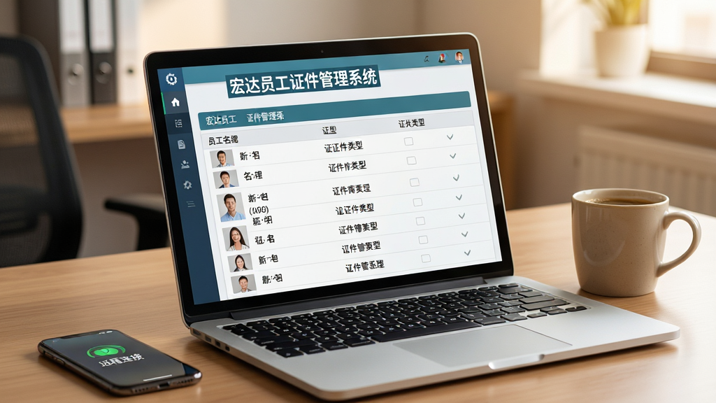 主体:宏达员工证件管理系统在笔记本电脑上运行的特写,屏幕显示证件列表,旁边放着一杯咖啡和手机。布局:笔记本电脑斜放,屏幕面向观众,背景为办公室一角。排版:屏幕内容清晰可辨,咖啡杯在右侧,手机在左侧。风格:生活化写实风格,温馨光线。细节:屏幕中“宏达员工证件管理系统”标题可见,列表中有员工姓名和证件类型,手机屏幕显示“远程连接”字样。画质:高清,画面干净,无多余元素。