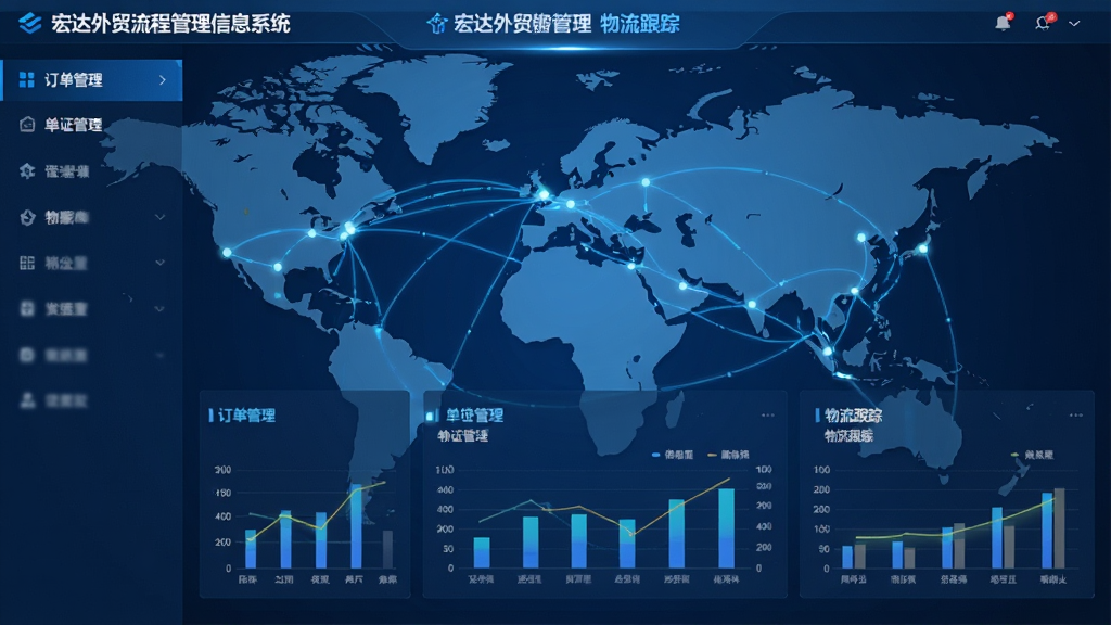 宏达外贸流程管理信息系统主界面,显示订单管理、单证管理、物流跟踪等模块,背景为世界地图与贸易航线,整体风格商务简洁,蓝色科技感,界面布局清晰,数据看板图表丰富,画质高清,干净无多余元素