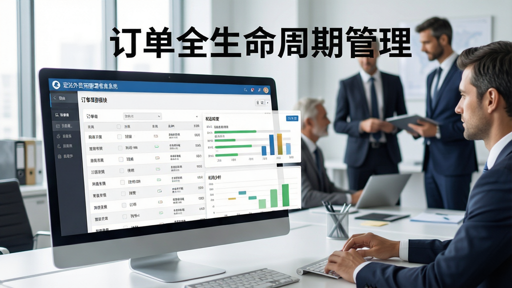 宏达外贸流程管理信息系统订单管理模块界面,展示订单列表、状态进度条、利润分析图表,背景有国际商务人士办公场景,风格写实,画面清晰,文字标注“订单全生命周期管理”,画质高清,干净无多余元素