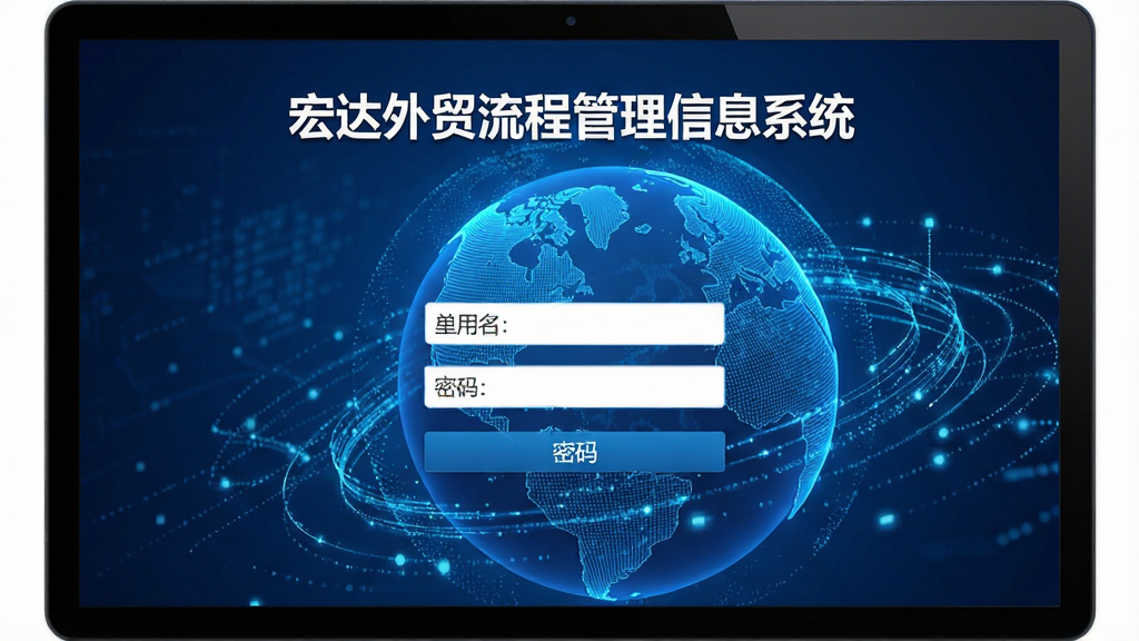 宏达外贸流程管理信息系统登录页面,显示用户名密码输入框,背景为蓝色地球与数据流,风格科技感,界面干净,文字“宏达外贸流程管理信息系统”,画质高清