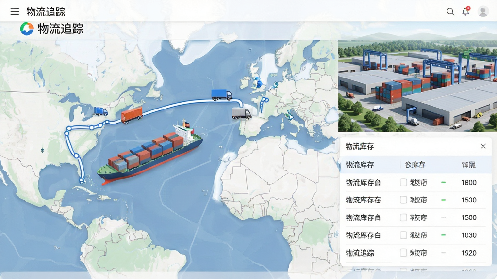 宏达外贸流程管理信息系统物流追踪界面,显示地图上的运输路线,集装箱货轮与卡车图标,仓库库存列表,背景为物流园区,风格现代简约,画面清晰,文字“物流追踪”,画质高清,干净无多余元素