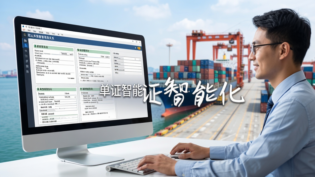 宏达外贸流程管理信息系统单证管理功能,电脑屏幕上显示各类外贸单证模板,旁边有报关员操作场景,背景为港口集装箱码头,风格写实,画面明亮,文字“单证智能化”,画质高清,干净无多余元素