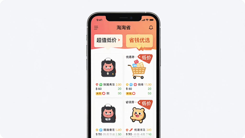 ���壺����ʡApp����չʾ���ֻ���Ļ����ʾ������ʡ����ҳ�棬������Ʒ�б����Ż�ȯ��ʶ���ͼ۱�ǩ��Ԫ�ء����֣��ֻ����У���Ļ��ǰ�����������ɼ����Ű棺������ˣ�ͼ�������ִ������������ִ���ƽ����ɫ�����졣ϸ�ڣ���Ļ��ͻ����ʾ����ֵ�ͼۡ�����ʡǮ��ѡ�������������ʣ�������Ⱦ���ɾ��޶���Ԫ�ء�