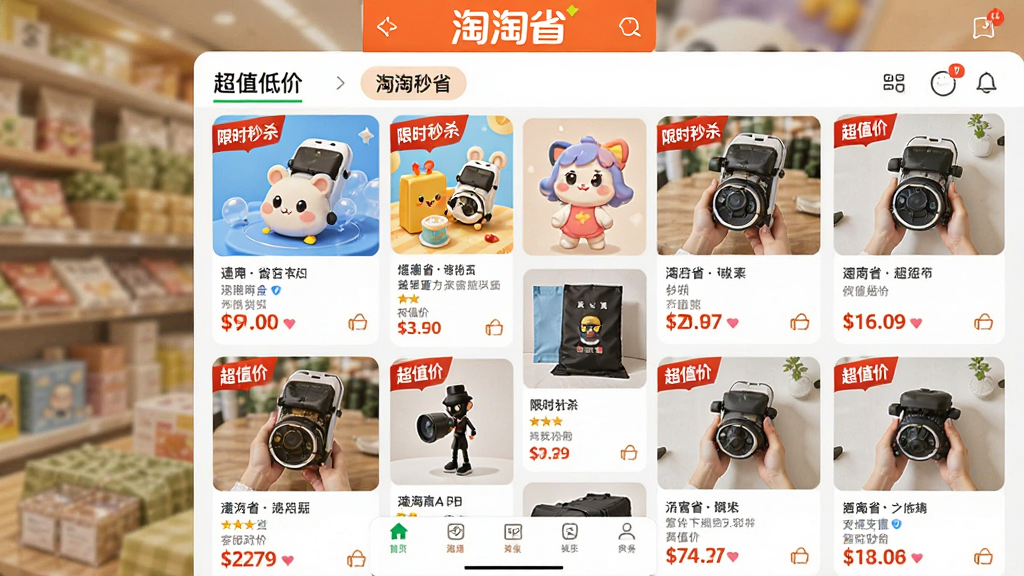 ���壺����ʡApp�ġ���ֵ�ͼۡ�Ƶ��ҳ�棬չʾ�����Ʒ��Ƭ��ÿ�ſ�Ƭ�ϱ��С���ʱ��ɱ��������ֵ�ۡ��Ⱥ�ɫ��ǩ�����֣��ٲ���ʽ��Ƭ���У���ƷͼƬΪ�����۸���Ϣ��Ŀ���Ű棺��Ƭ��������Ϣ�㼶��������񣺵��̷��ɫ�ʻ��á�ϸ�ڣ�ҳ�涥���С�����ʡ��Logo���ײ����������������ʣ����壬��Ʒϸ�ڷḻ��