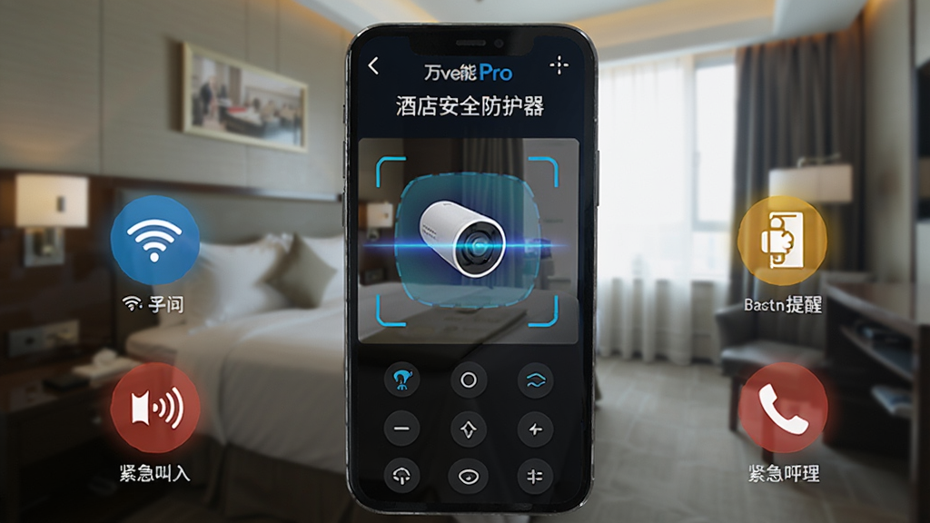 一张展示万能Pro空调遥控器酒店安全防护功能的界面截图,画面以深蓝色为主调,手机屏幕中央显示摄像头检测扫描动画,周围有Wi-Fi连接、门卡提醒、紧急呼叫等图标,背景为模糊的酒店房间,整体风格科技感强,画质清晰,干净无多余元素