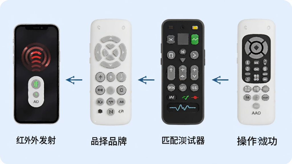 一张展示万能Pro空调遥控器使用步骤的流程图,分为四个步骤,每个步骤用图标表示,第一步是手机红外发射,第二步是选择品牌,第三步是匹配测试,第四步是操作成功,背景为浅蓝色,整体风格简洁明了,画质清晰,干净无多余元素