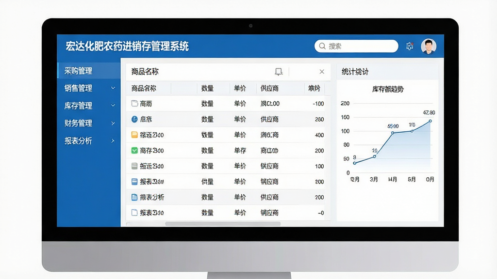 主体:宏达化肥农药进销存管理系统的软件主界面,显示在电脑屏幕上。布局:界面分为左侧功能菜单栏、中间数据列表区、右侧统计图表区,顶部有搜索框和用户头像。排版:功能菜单包括采购管理、销售管理、库存管理、财务管理、报表分析等,列表区展示商品名称、数量、单价、供应商等信息。风格:现代化商务风格,主色调为蓝色和白色,界面清晰简洁。细节:屏幕中可见“宏达化肥农药进销存管理系统”标题,统计图表显示库存趋势和销售额曲线。画质:高清,干净,无多余元素。