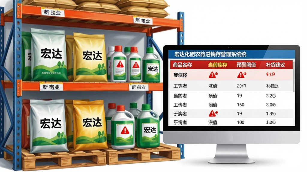 主体:宏达化肥农药进销存管理系统的库存预警功能界面。布局:画面中央是一个仓库货架,货架上摆放着袋装化肥和瓶装农药,旁边有一个电脑显示器,屏幕上显示库存预警列表。排版:货架分三层,每层商品标签清晰,显示器中列出商品名称、当前库存、预警阈值和补货建议。风格:写实插画风格,色彩明亮,突出预警提示。细节:货架上的商品都标有“宏达”字样,显示器上显示红色预警图标。画质:高清,干净,无多余元素。