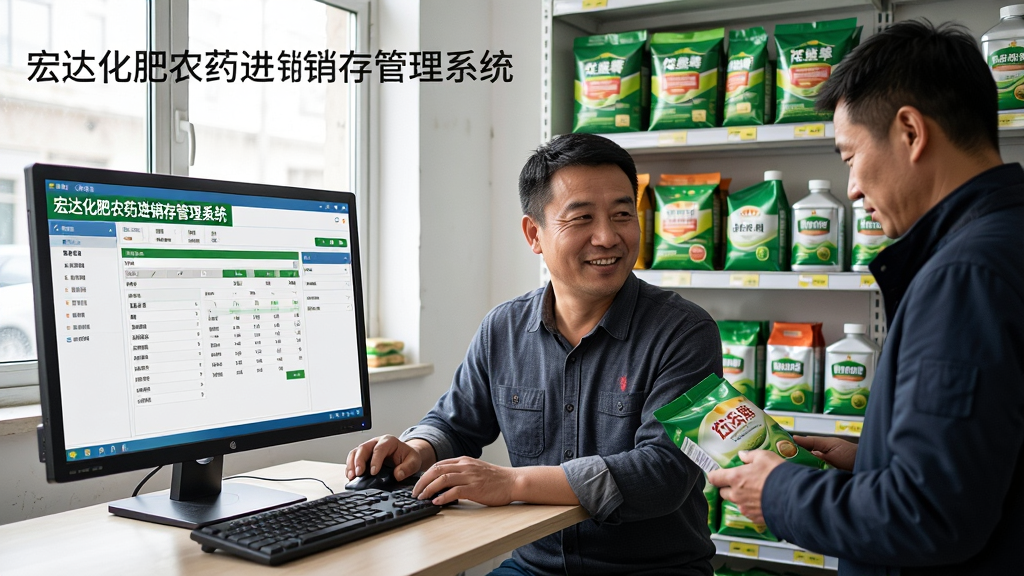主体:宏达化肥农药进销存管理系统的使用场景,一个农资店老板正在使用电脑操作软件,旁边有顾客在选购。布局:画面左侧是电脑屏幕,显示软件主界面,右侧是货架上的化肥和农药。排版:电脑屏幕上有“宏达化肥农药进销存管理系统”字样,货架商品摆放整齐。风格:写实摄影风格,自然光线,生动真实。细节:老板面带微笑,顾客在查看商品,屏幕中显示销售单据。画质:高清,干净,无多余元素。