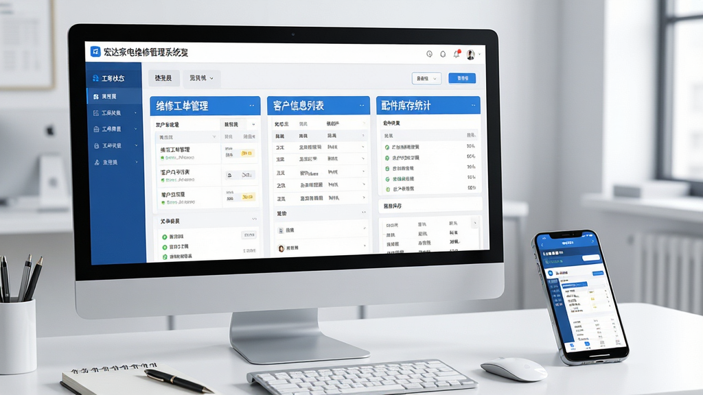 主体:宏达家电维修管理系统软件界面,屏幕上清晰显示“维修工单管理”、“客户信息列表”、“配件库存统计”等模块,背景为现代简约的办公桌面,有一台电脑和一部手机。布局:电脑屏幕为主视觉中心,手机斜放在一旁,两者屏幕均亮起显示软件界面。排版:画面整洁,电脑屏幕占据左侧2/3,手机位于右下角,文字标签清晰可读。风格:商务科技感,色调以蓝白为主,明亮干净。细节:电脑屏幕中展示工单状态看板,手机屏幕显示移动端适配界面,桌面上有记事本和笔。画质:高清渲染,细节丰富,干净无多余元素。