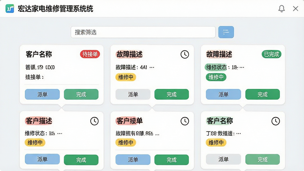主体:宏达家电维修管理系统的工单列表页面,显示多个工单卡片,包含“客户名称”、“故障描述”、“维修状态”等字段。布局:页面居中,上方为搜索筛选栏,下方为工单卡片瀑布流。排版:卡片式布局,每个卡片有彩色状态标签(红色表示待接单,黄色表示维修中,绿色表示已完成)。风格:扁平化设计,浅色背景,图标简洁。细节:卡片上有电话图标和时钟图标,底部有“派单”和“完成”按钮。画质:清晰锐利,无多余元素。