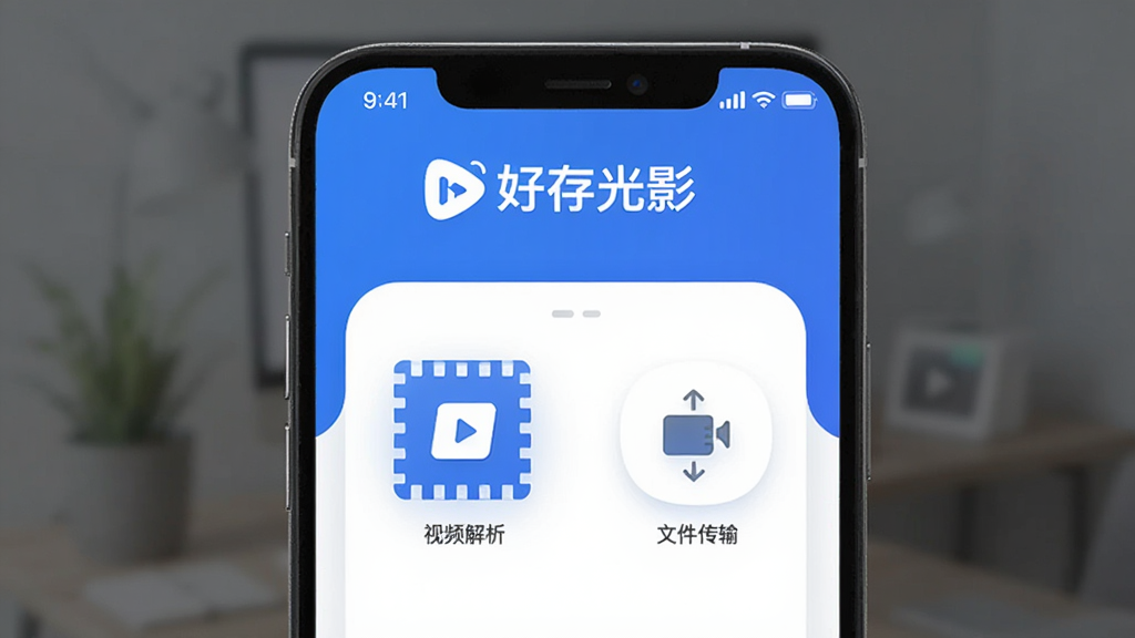 好存光影主界面预览图,一款现代简约风格的手机App,展示视频解析、剪辑工具、文件传输等核心功能入口,界面布局清晰,色彩以蓝白为主,图标精致,整体画质高清,干净无多余元素,突出软件名称“好存光影”的logo与主界面设计。