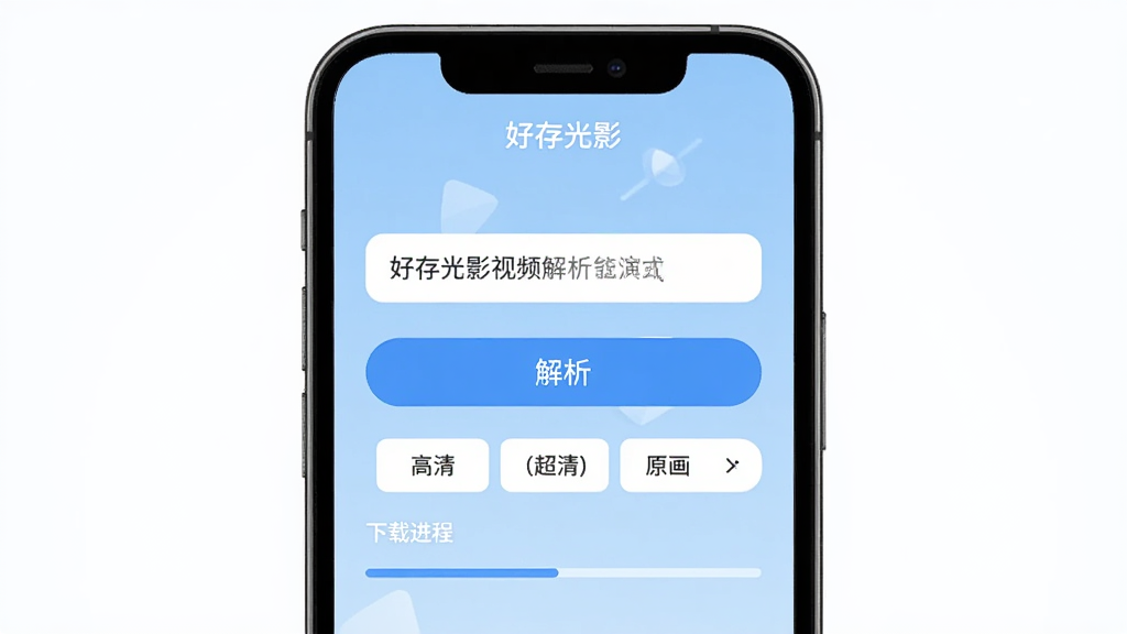 好存光影视频解析功能演示图,手机屏幕显示解析成功界面,视频链接输入框、解析按钮、清晰度选项(高清/超清/原画)、下载进度条,背景为淡蓝色,界面简洁,画质干净,无多余元素,软件名称“好存光影”出现在屏幕顶部。