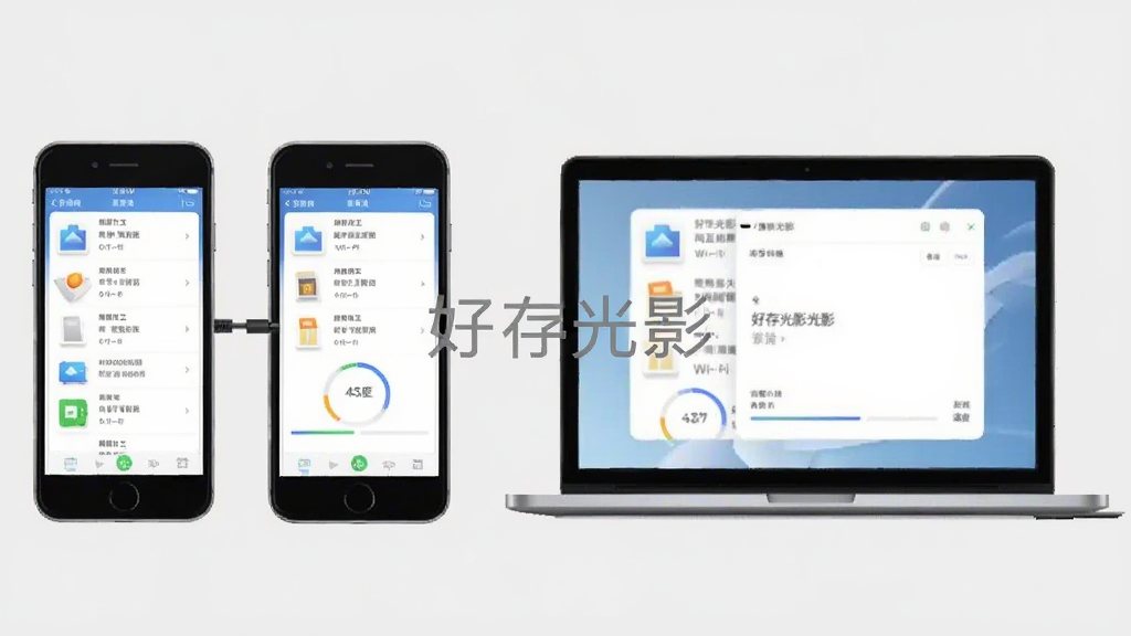 好存光影局域网互传功能示意图,两台手机与一台电脑连接同一Wi-Fi,屏幕显示传输文件列表及速度,背景为浅灰色,界面简洁,画质干净,无多余元素,软件名称“好存光影”在界面中央。