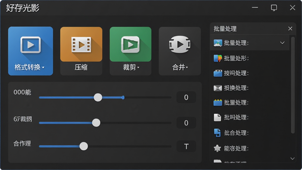 好存光影音视频处理功能界面图,展示格式转换、压缩、裁剪、合并等操作选项,参数设置滑杆,批量处理列表,界面以深灰色为基调,功能图标醒目,画质细腻,干净无多余元素,软件名称“好存光影”在页面左上角。