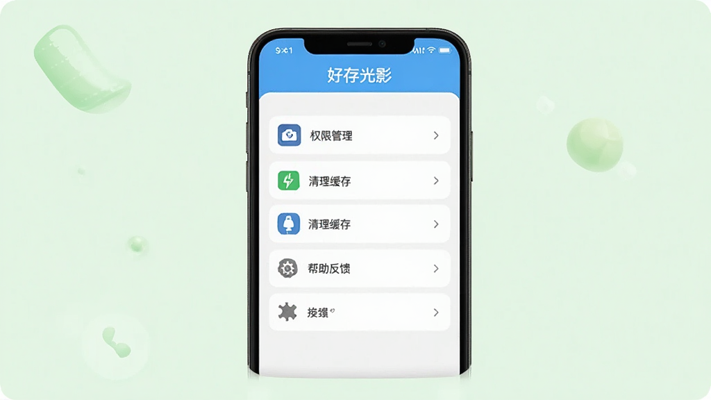 好存光影使用教程示意图,手机屏幕显示App设置页面,包含权限管理、清理缓存、帮助反馈等选项,背景为浅绿色,图标清晰,画质干净,无多余元素,软件名称“好存光影”在页面顶部。