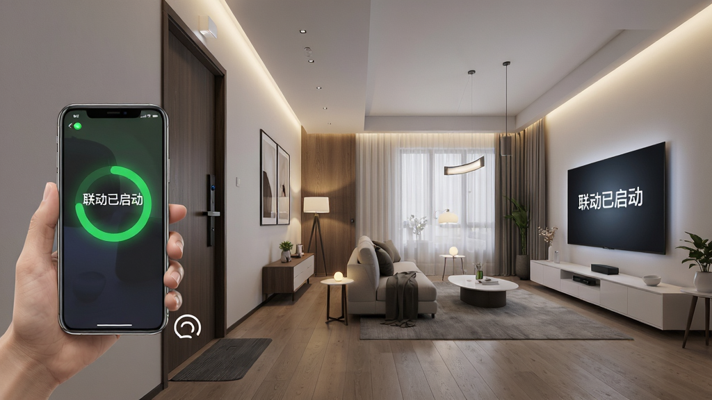 ���Ű�APP������������ʾ��ͼ������Ϊһ���ִ����ܼҾӻ������ֻ����ſڴ������ź����ڵƹ�͵�����Ļͬ�����𡣲���Ϊȫ���ӽǣ�չʾ��������������ӡ��Ű���пռ�����У����Ϊдʵ��Ⱦ���ϸ�����ֻ���Ļ��ʾ