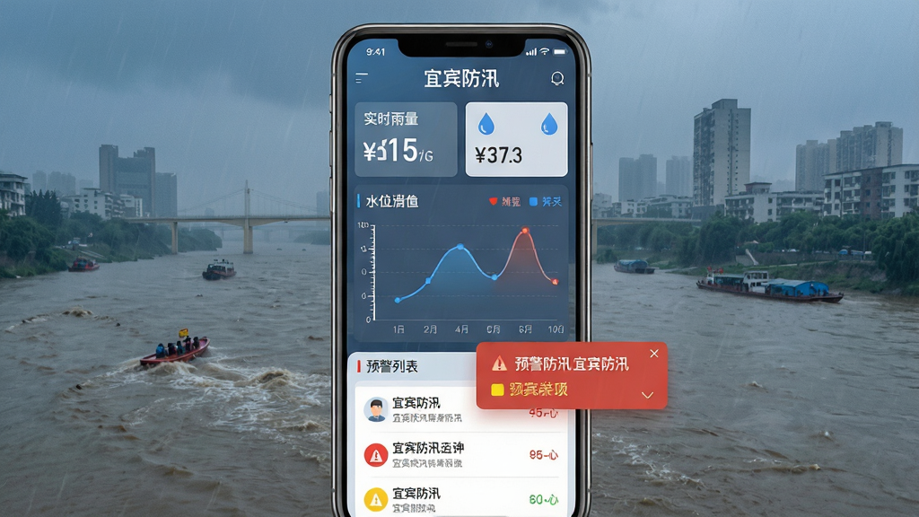 主体:手机屏幕展示“宜宾防汛”APP主界面,背景为暴雨中的江河与城市。布局:界面顶部显示实时雨量数据,中部为水位曲线图,底部为预警列表。排版:清晰的数据卡片与预警弹窗。风格:写实与扁平化结合,色彩以蓝灰为主,强调科技感与紧迫感。细节:水位标尺、雨滴图标、预警红黄蓝等级标识,界面文字标注“宜宾防汛”。画质:高清,干净,无多余元素。