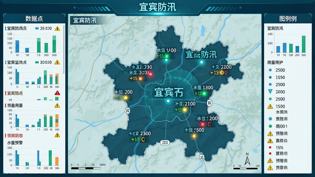 主体:宜宾市地图上分布着多个监测点,每个点显示实时数据。布局:地图占据主画面,左侧为数据列表,右侧为图例。排版:数据点以不同颜色闪烁表示状态。风格:科技感GIS地图风格,蓝绿色调。细节:标注“宜宾防汛”字样,水位数值、雨量柱状图、预警图标。画质:高清,干净,无多余元素。