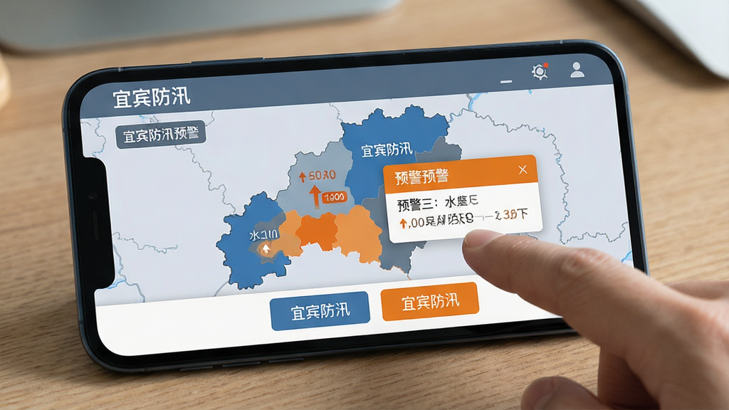 主体:手机横屏显示“宜宾防汛”的预警地图,用户手指点击查看详情。布局:手机置于桌面,屏幕内展示风险区域色块。排版:简洁的交互界面,底部有功能按钮。风格:实用主义,蓝灰与橙色搭配。细节:标注“宜宾防汛”名称,地图上有水位标注和预警弹窗。画质:高清,干净,无多余元素。