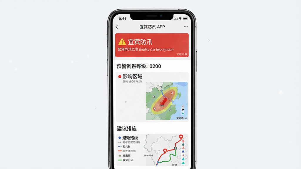 主体:手机收到“宜宾防汛”红色预警通知,手机屏幕显示预警详情页。布局:手机居中,屏幕内展示预警等级、影响区域、建议措施。排版:通知横幅醒目,详情页图文并茂。风格:简洁现代,红色警示色为主。细节:标注“宜宾防汛”APP名称,预警倒计时、风险地图、避险路线。画质:高清,干净,无多余元素。