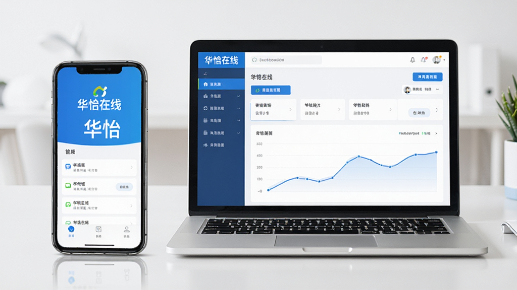 一张智能手机和一台笔记本电脑并排放在书桌上,手机屏幕显示华怿在线主界面,电脑屏幕显示后台管理面板,两者画面风格一致,界面以蓝白为主色调,背景为简洁的办公桌面,画质清晰,布局协调,干净无多余元素,屏幕上有“华怿在线”字样