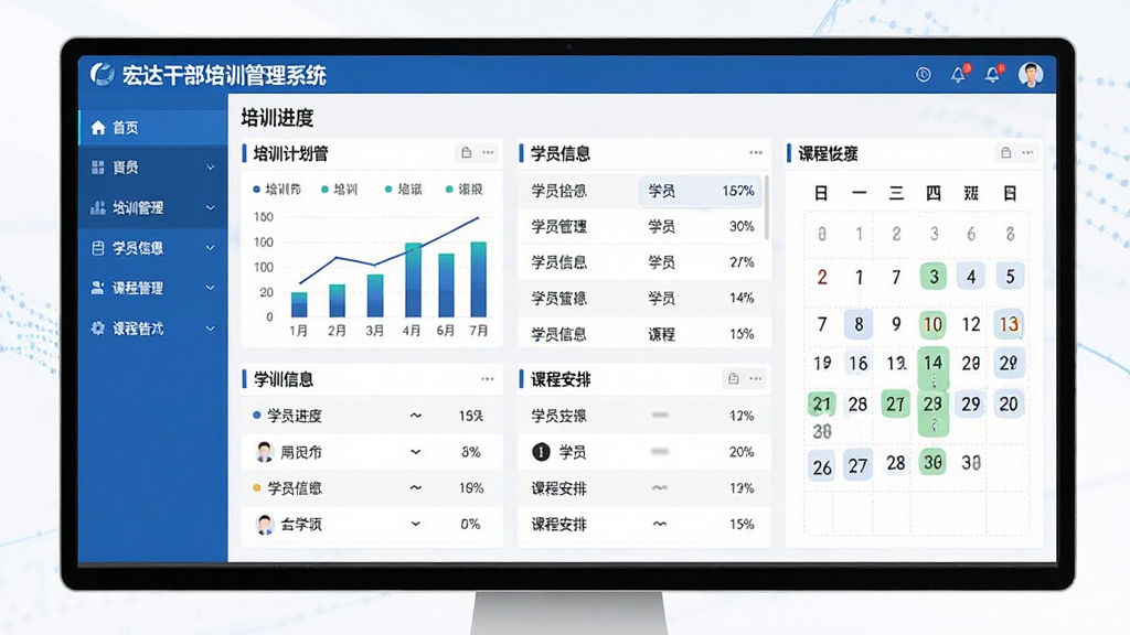 主体:宏达干部培训管理系统软件界面,展示培训计划管理、学员信息、课程安排等模块。布局:界面清晰,左侧导航栏,右侧数据看板,上方显示软件名称