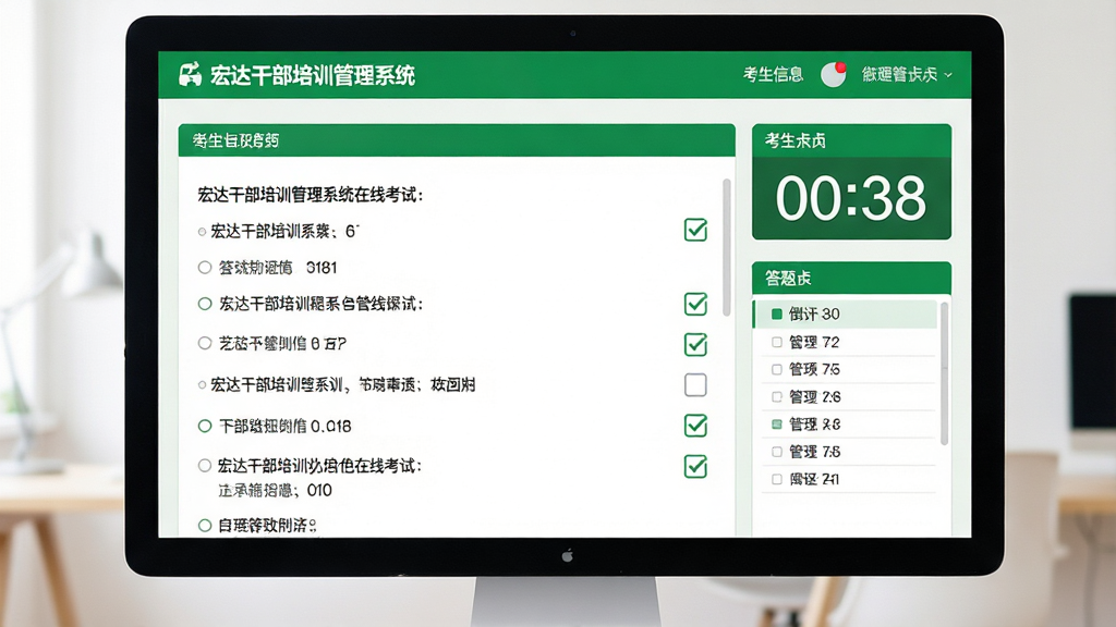 主体:宏达干部培训管理系统在线考试界面,电脑屏幕显示答题页面。布局:中间题目区域,右侧倒计时与答题卡,顶部显示考生信息。排版:紧凑合理,重点突出。风格:清爽明亮,绿色主调。细节:题目选项清晰,有勾选标记,倒计时数字醒目。画质:高清、干净、无多余元素。