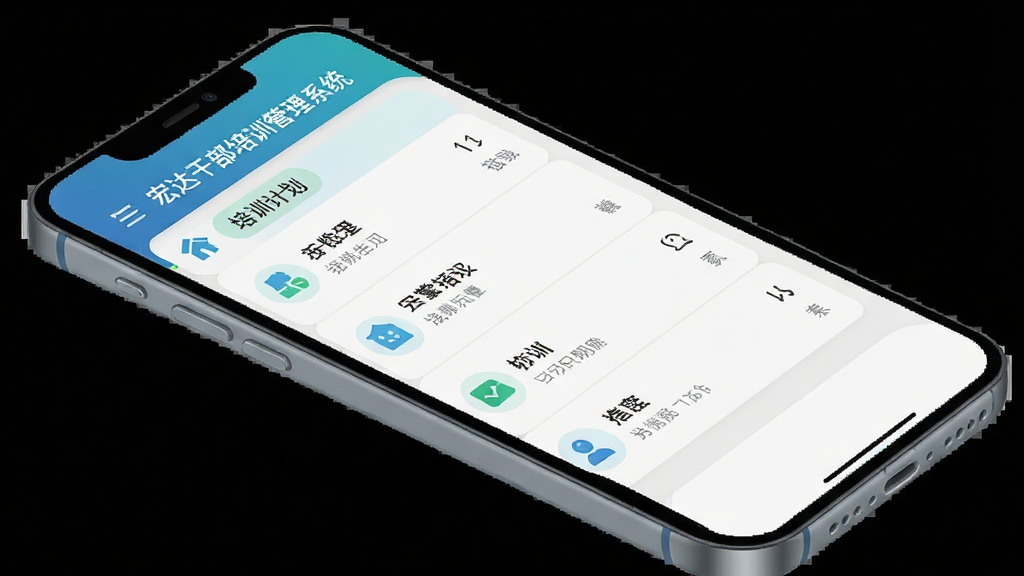 主体:宏达干部培训管理系统移动端界面,手机屏幕显示培训计划列表。布局:手机居中,屏幕内有清晰的菜单和图标。排版:简洁易用,手指点击操作。风格:现代扁平化,色彩清新。细节:手机边缘圆润,屏幕显示