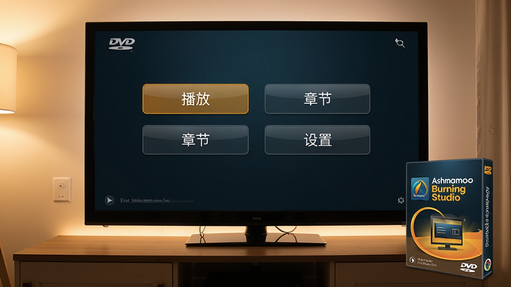 ����:������Ļ��ʾDVD�˵����棬�����ϰڷ���Ashampoo Burning Studio������װ�У�����:���Ӿ��У���װ�������½ǣ��Ű�:�˵�������������ť����װ�������ɼ������:��ͥӰԺ��񣬹�����ͣ�ϸ��:�˵�������