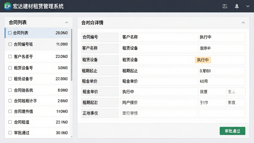 主体:宏达建材租赁管理系统中的合同管理界面,显示一份租赁合同详情页面;布局:左侧为合同列表,右侧为合同详情表单;排版:表单字段整齐排列,包含合同编号、客户名称、租赁设备、租期起止、租金单价等;风格:专业ERP风格,字体清晰,背景为浅灰色;细节:合同状态标签显示“执行中”,底部有“审批通过”按钮;画质:高清晰度,干净,无多余元素。