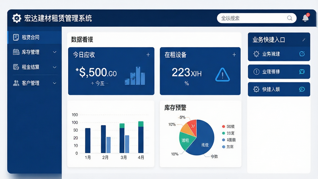主体:宏达建材租赁管理系统的软件主界面展示,包含左侧菜单栏、中部数据看板、右侧业务快捷入口;布局:清晰的上下结构,顶部为软件名称与全局搜索框,下方为三大功能分区;排版:卡片式布局,数据图表以柱状图与饼图呈现,色彩搭配以深蓝色与白色为主;风格:现代商务风格,界面干净明亮,图标线条简洁;细节:菜单栏标注“租赁合同”、“库存管理”、“租金结算”、“客户管理”等字样,数据看板显示“今日应收”、“在租设备”、“库存预警”等模块;画质:高清渲染,干净,无多余元素。