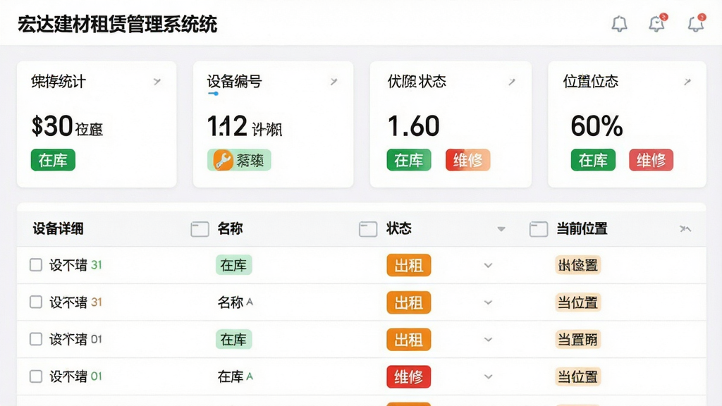 主体:宏达建材租赁管理系统的库存管理界面,显示设备列表与状态标识;布局:上方为统计卡片,下方为设备明细表格;排版:表格列包含设备编号、名称、状态、当前位置;风格:简洁明亮,状态用彩色标签区分;细节:绿色标签“在库”、橙色标签“出租”、红色标签“维修”;画质:高清,干净,无多余元素。